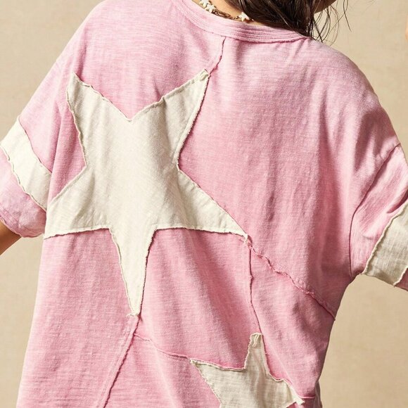 Pink Casual Women's Boho Knit Round Neck Short Sleeve Loose Fit Washed T-Shirt - Picture 2 of 7